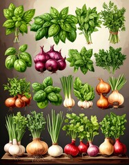 Fresh herbs and vegetables displayed