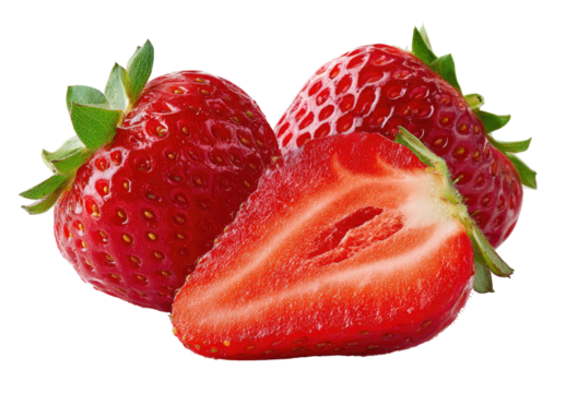 Close-up of two whole and one sliced strawberry.  Vibrant red berries with visible seeds. Fresh and ripe, with green leafy stems
