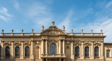 Obraz premium Ornate Architectural Facade Under Blue Sky A Classical Building's Detail