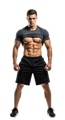 Fototapeta premium A muscular man showcasing his toned physique, isolated on a transparent background, perfect for fitness and health-related projects, demonstrating strength and athleticism