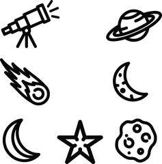 Celestial Icons Set - Vector line illustrations of space objects like a telescope, a ringed planet, comets, moons, and stars for astronomy and science projects.