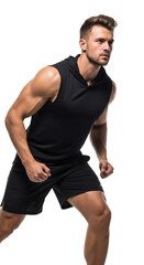 Fototapeta premium Man in Athletic Outfit Isolated on a Transparent Background Gym Ready Male Model with Sleeveless Hoodie and Shorts for Fitness Lifestyle