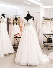 Elegant wedding dresses in a store