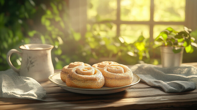 Cinnamon rolls with poppy seeds on plate and cup of coffee on rustic wooden table