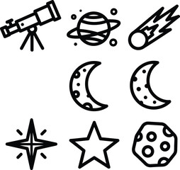 Space and Cosmos Vector Line Art - A comprehensive icon set featuring minimalist illustrations of celestial bodies, telescopes, moons, and stars for astronomy themes.