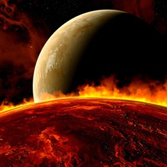 Fiery planet with a neighboring celestial body