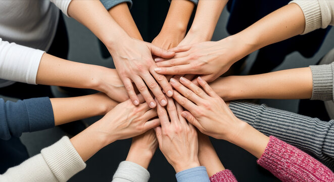 Diverse hands joined in unity symbolizing teamwork and collaboration. Togetherness, connection, solidarity, friendship, multiracial. 