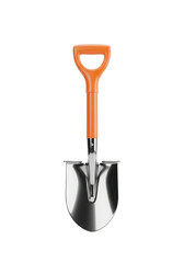 Modern orange-handled aluminum garden spade isolated on black background for farming and gardening
