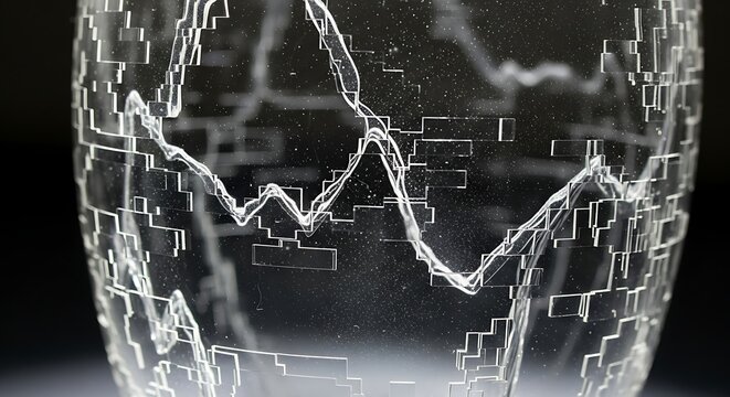 A modern glass tumbler featuring an intricate, pixelated pattern and a fluctuating line graph etched into its surface.