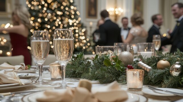 Festive holiday dinner party with champagne and elegant Christmas decorations. Christmas table setting. Food and drink. 