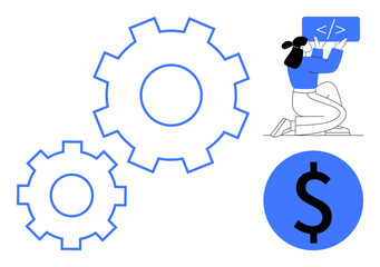 Programmer writing code between blue gears and money icon, conveying efficiency, automation, coding, teamwork, productivity, technology, and attractive conceptual design for a simple landing page