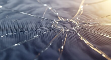 A close-up of shattered glass with radiating cracks forming a spiderweb pattern over a textured surface.