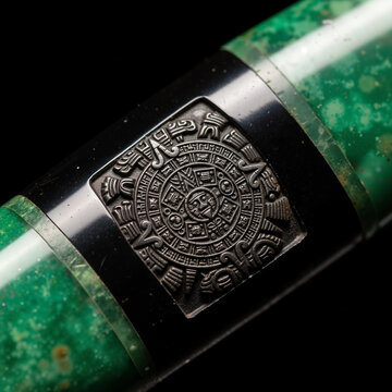 Timeless Cultural Artifacts Extreme close-up on the handle of an ancient Mayan ceremonial dagger. The handle is made of obsidian and jade, and features a tiny, incredibly detailed carved calendar.