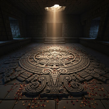 Timeless Cultural Artifacts A massive Mayan calendar intricately carved into the stone floor of a dark, forgotten temple