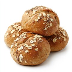 Freshly baked loaf of bread and sesame seed bun isolated on a white background for a healthy breakfast