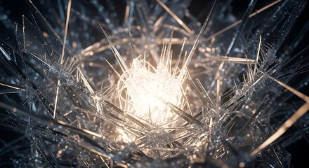 A glowing core of energy bursts through a chaotic structure of sharp, transparent shards.