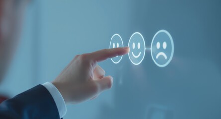 Hand selecting a positive feedback emoticon on a digital screen