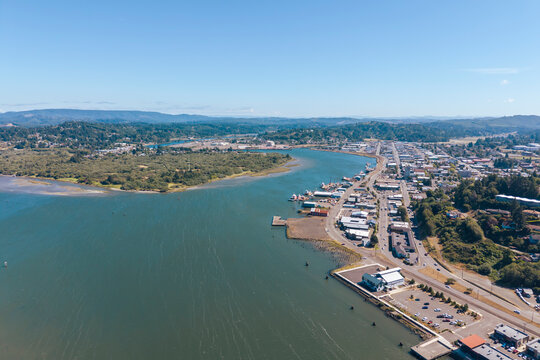 Aerial of the bay in Coos Bay, Oregon