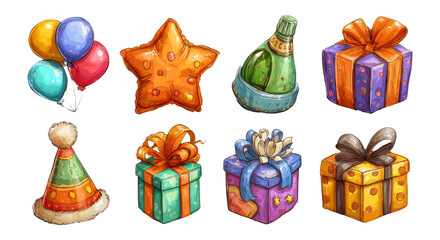Colorful Celebration Elements with Balloons, Gifts, and Party Accessories Illustration