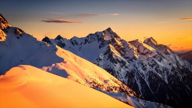 Snow capped mountain peaks sunrise view
