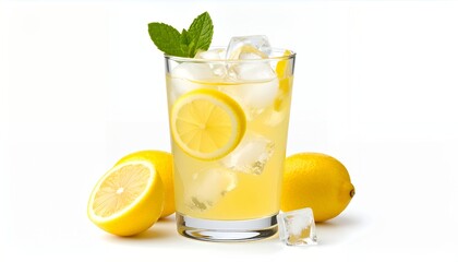 Fototapeta premium A tall glass of refreshing lemonade with ice, lemon slices, and mint leaves, surrounded by fresh lemons.