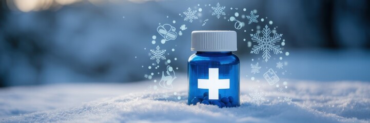 A blue medicine bottle sits in the snow surrounded by snowflakes, representing winter health and wellness during the cold season