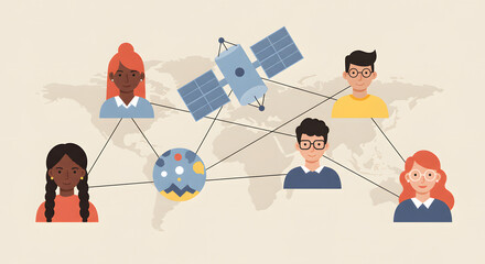 Global Communications Network Connecting Diverse Individuals Through Satellite Technology for Enhanced Collaboration and Worldwide Information Sharing