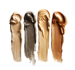 Swatching of four foundation shades.  Creamy, smooth foundation swatches in various shades of beige, from light to dark, displayed vertically against a black background. 