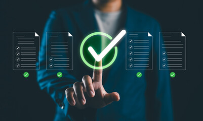 Digital checklist and approval workflow showing business document validation and task tracking system for decision making, quality verification with high efficiency and process optimization,