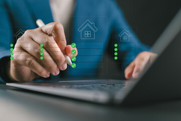 Property search, checklist selection, and real estate management concept. Person using smartphone to search real estate listings in online home buying and investment strategy decision making