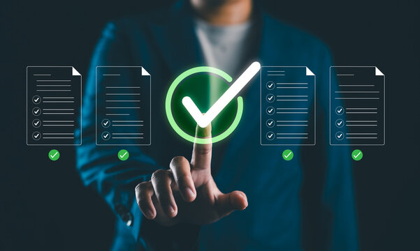 Digital checklist and approval workflow showing business document validation and task tracking system for decision making, quality verification with high efficiency and process optimization,