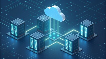 Data cloud depicted with network connections, servers. Ideal for technology, network security, cloud computing concepts in marketing materials.