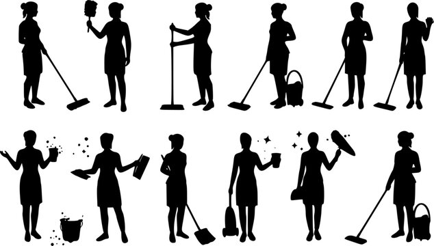 set of Vector silhouette of a cleaning lady.

