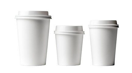 Three white disposable coffee cups of varying sizes, displayed vertically.  Each cup has a white lid