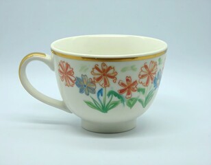 Empty floral teacup on white background