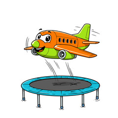 A cheerful cartoon airplane with big eyes and a wide smile bounces joyfully on a trampoline, blending aviation with playful energy in a whimsical mid-air moment.