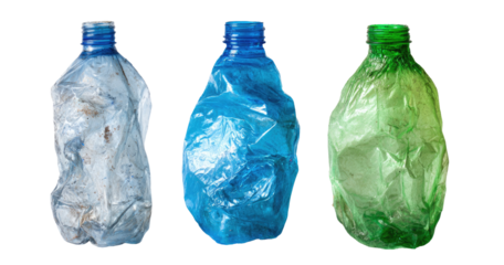 Crumpled plastic bottles, different colors, isolated