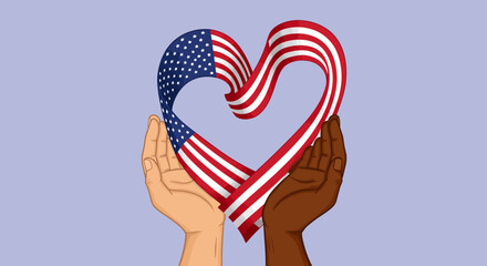Diverse Hands Unite to Form a Heart Shaped by the American Flag Symbolizing Unity and Patriotism in a Celebration of National Pride and Togetherness