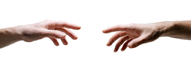 Two outstretched hands, reaching towards each other against a black background