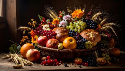 A still life arrangement of autumnal fruits, breads, and flowers in a rustic wooden basket, bathed in warm light, evoking a sense of abundance and harvest.