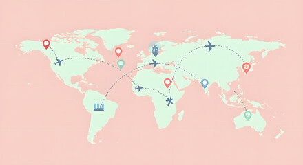 Global Travel and Transportation Routes Across the World Map Representing Global Connectivity and Journeys Linking Countries Together in a Network.