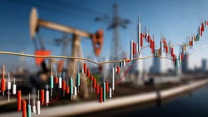 Oil industry financial chart: A close-up view of a financial chart overlays an industrial scene featuring oil pumps, power lines, and a city skyline. - Powered by Adobe