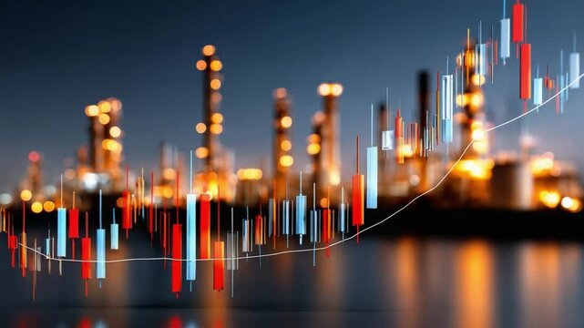 Nighttime Refinery with Stock Chart Overlay: A composite image showcases a refinery at night, its illuminated structures reflecting in the water.