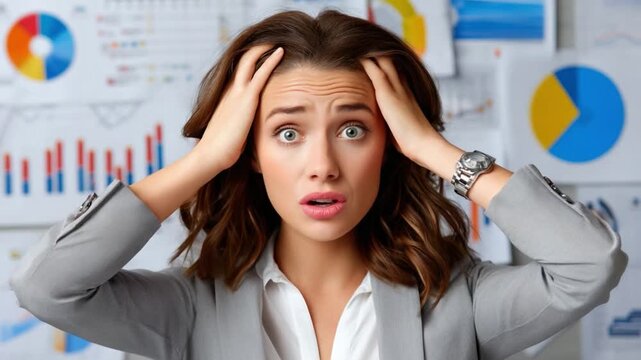 Overwhelmed by Data: A businesswoman grapples with information overload, her expression conveying stress and worry.
