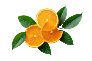 Fresh orange slices with vibrant green leaves