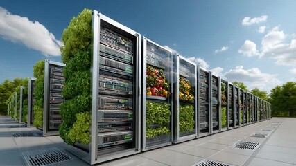Eco-Friendly Data Center: An innovative eco-friendly data center concept merges technology and nature, with server racks adorned with vibrant plant life. - Powered by Adobe