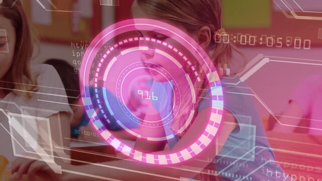 Girls working in classroom, pink-purple overlay cycling scans guiding string threading into writing