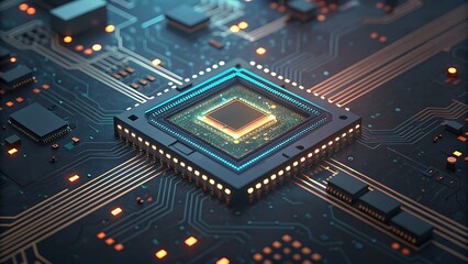 Detailed view of a modern cpu suitable for tech blogs, computer hardware reviews, educational materials, and technologythemed designs.