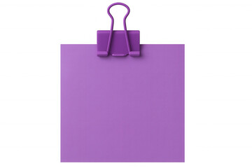 Purple binder clip holding purple paper note on transparent background, creating simple yet effective visual for reminders, notes, or messages
