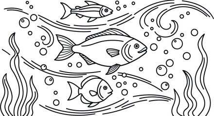 Fototapeta premium Three fish swim amongst bubbles and seaweed in a black and white line drawing illustration.
